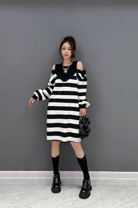 Open Shoulder Dress Ribbed Sleeves Layered Style