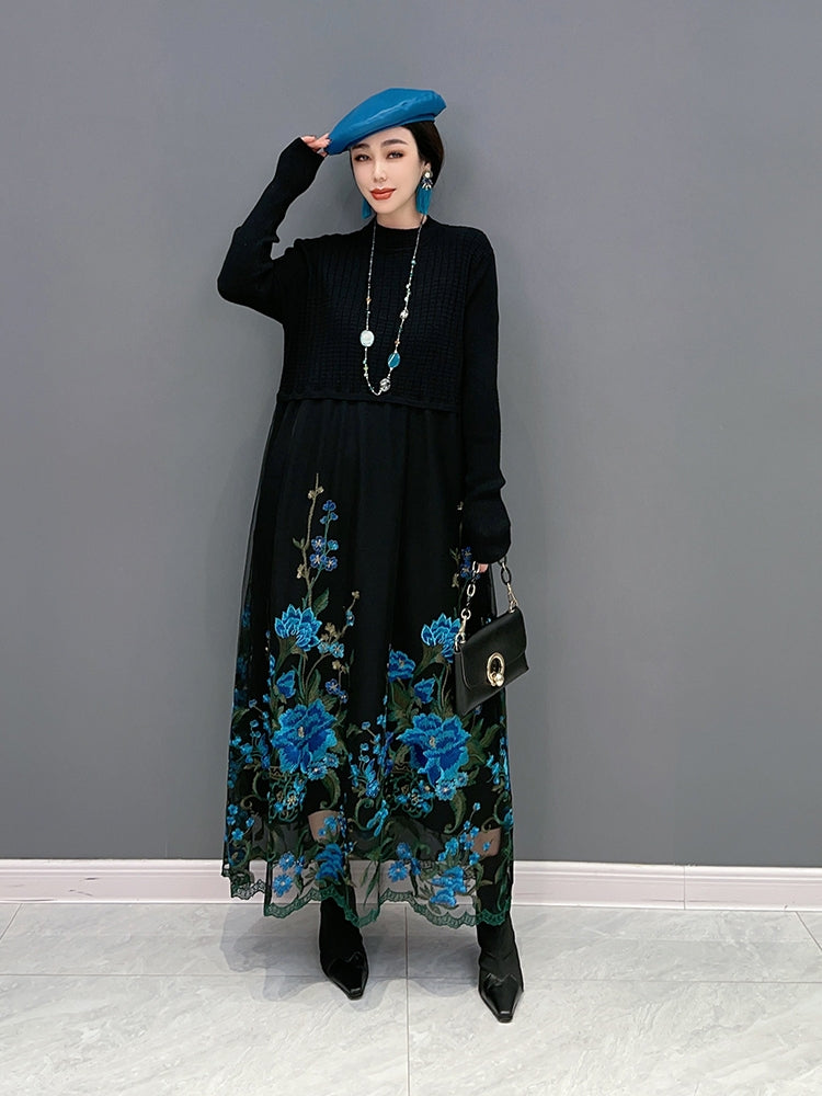 Floral Knit Dress Lace Splicing