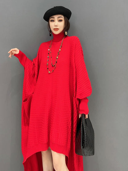 JIANG DAN MONROE EUROPEAN STATION 2022 WINTER NEW KOREAN FASHION KNITTED IRREGULAR HIGH NECK DRESS BAT SLEEVE LT0374